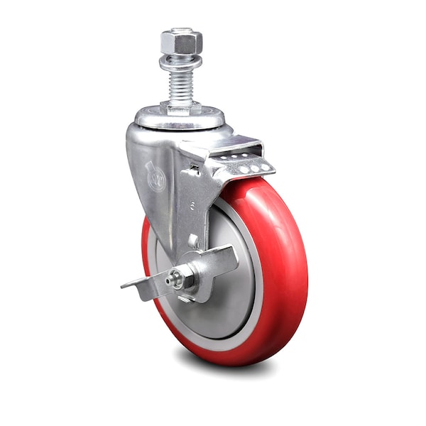 Service Caster 5 Inch Red Polyurethane Wheel Swivel 1/2 Inch Threaded Stem Caster with Brake SCC-TS20S514-PPUB-RED-TLB-121315 - main